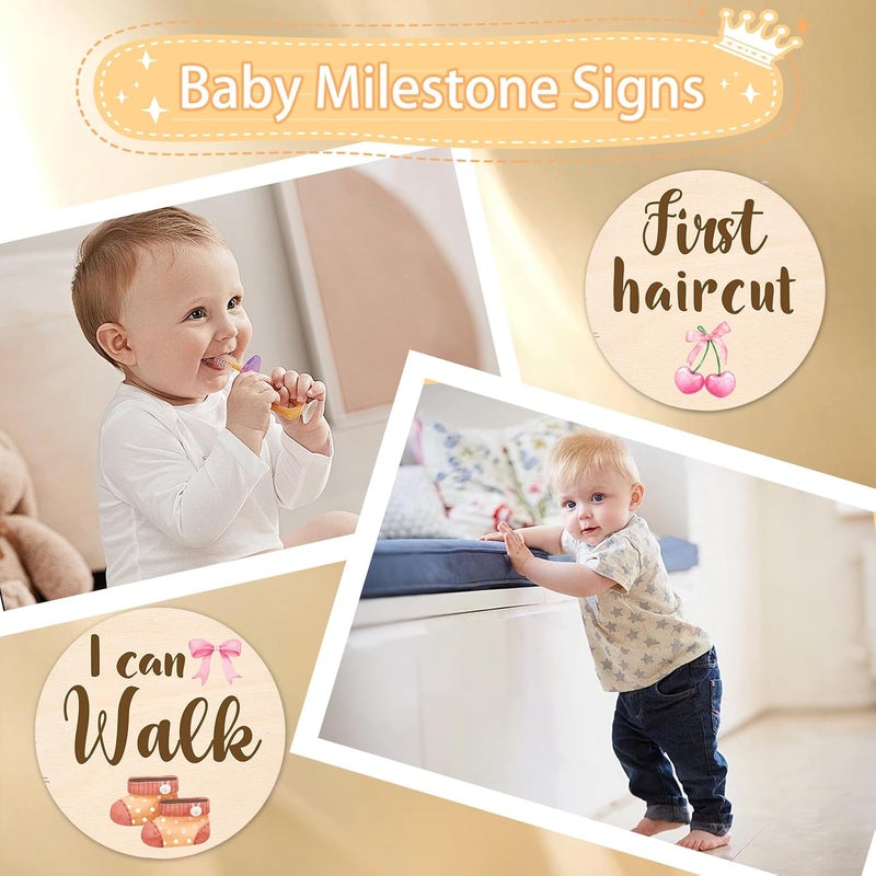 MCIAONE Baby Monthly Milestone Cards Sign - 13 Pcs Double Sided Baby Announcement Signs Bow, Pink Bow Wooden Milestone Circles Discs for Photo Props, Birth Announcement Marker Girl, Babies Welcome Card Gift - Image 5